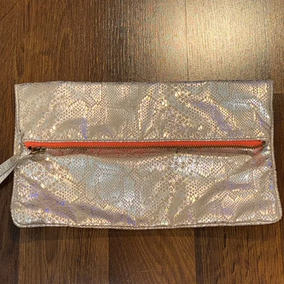 American Eagle Iridescent Metallic Fold-Over Clutch with Coral Zipper - Picture 3 of 11